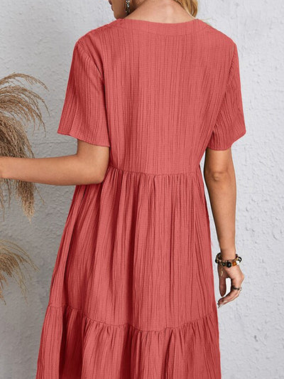 A-Line Loose Pleated Solid Color Split-Joint V-Neck Mini Dresses