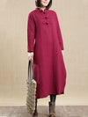 Plus Size Women Autumn Literature Stand Collar 100%Cotton Dress