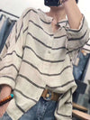 Plus Size Loose Cotton Linen Striped Long Sleeve Shirt