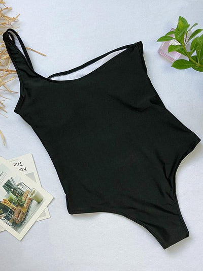 Single Shoulder Striped&Plain One-piece Swimwear