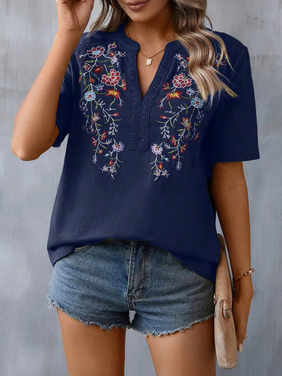 Half Sleeves Loose Embroidered Split-Joint V-Neck T-Shirts Tops