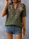 Half Sleeves Loose Embroidered Split-Joint V-Neck T-Shirts Tops