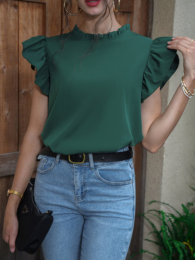 Loose Ruffle Sleeves Hollow Solid Color Split-Joint Round-Neck Blouses&Shirts Tops