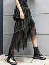 A-Line Loose Asymmetric Camouflage Elasticity Fringed Mesh Split-Joint Skirts Bottoms