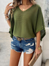 Batwing Sleeves Half Sleeves Hollow See-Through Solid Color V-Neck Sweater Tops