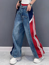 Loose Wide Leg Contrast Color Drawstring Elasticity Fringed Split-Joint Jean Pants Bottoms