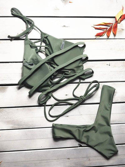 Sexy Lace Up Solid Bikinis Swimwear