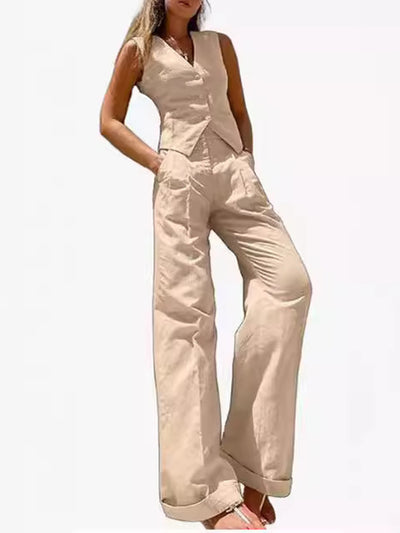 Loose Sleeveless Buttoned Solid Color V-Neck Vest Top + Split-Joint Pleated Pockets Pants Bottom Two Pieces Set