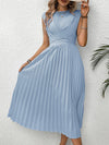 Loose Raglan Sleeve Elasticity Pleated Solid Color Split-Joint Tied Waist Round-Neck Midi Dresses