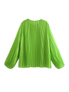 Long Sleeves Loose Elasticity Pleated Solid Color V-Neck Blouses&Shirts Tops