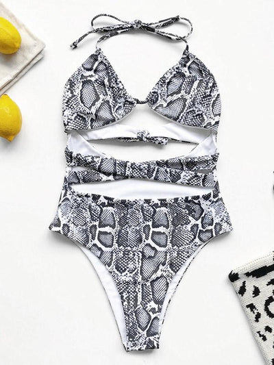 Snake-Print Bandage Hollow One-Piece Swimwear