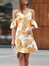 A-Line Loose Hollow Leaves Print Split-Joint Cold Shoulder Mini Dresses