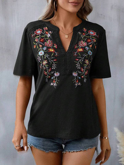 Half Sleeves Loose Embroidered Split-Joint V-Neck T-Shirts Tops