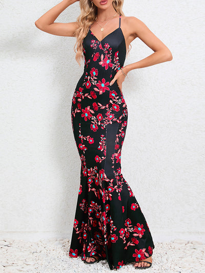 Bodycon Mermaid Flower Print Split-Joint Spaghetti-Neck Maxi Dresses