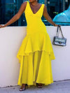 A-Line Loose Solid Color Split-Joint Tiered V-Neck Evening Dresses Maxi Dresses