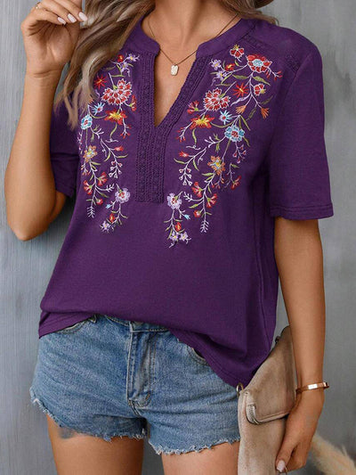 Half Sleeves Loose Embroidered Split-Joint V-Neck T-Shirts Tops