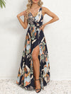 A-Line Loose Flower Print Pleated Split-Front Tied Waist V-Neck Maxi Dresses