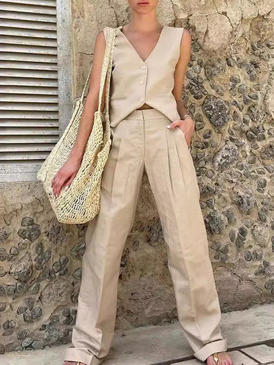 Loose Sleeveless Buttoned Solid Color V-Neck Vest Top + Split-Joint Pleated Pockets Pants Bottom Two Pieces Set