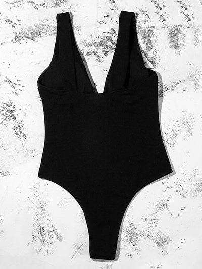 Solid Color V-Neck One-Piece Swimwear