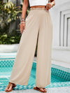 Loose Wide Leg Elasticity Pockets Ruffle Trim Solid Color Pants Trousers