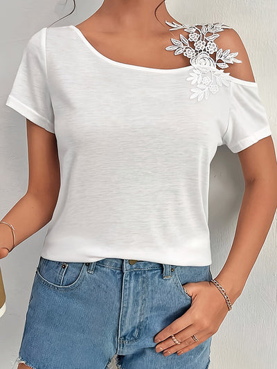 Loose Short Sleeves Asymmetric Flower Shape Solid Color Split-Joint Cold Shoulder T-Shirts Tops