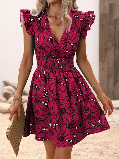 A-Line Loose Elasticity Flower Print V-Neck Mini Dresses