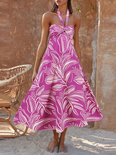 A-Line Loose Hollow Leaves Print Split-Joint Halter-Neck Midi Dresses