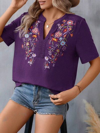 Half Sleeves Loose Embroidered Split-Joint V-Neck T-Shirts Tops