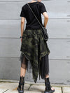 A-Line Loose Asymmetric Camouflage Elasticity Fringed Mesh Split-Joint Skirts Bottoms