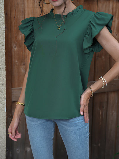 Loose Ruffle Sleeves Hollow Solid Color Split-Joint Round-Neck Blouses&Shirts Tops