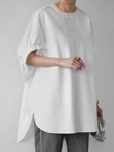 High-low Loose Elasticity Solid Color Split-side Round-neck T-Shirts Tops