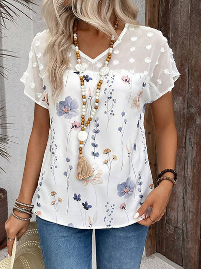 Loose Short Sleeves Flower Print Jacquard Split-Joint V-Neck T-Shirts Tops