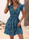 A-Line Loose Elasticity Flower Print V-Neck Mini Dresses