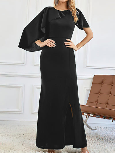 A-Line Bodycon Asymmetric Ruffle Trim Solid Color Split-Front Split-Joint Round-Neck Maxi Dresses