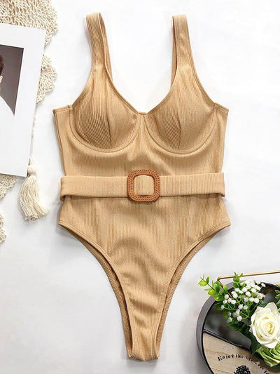 Solid Color Belted  One-Piece Swimwear