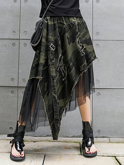 A-Line Loose Asymmetric Camouflage Elasticity Fringed Mesh Split-Joint Skirts Bottoms