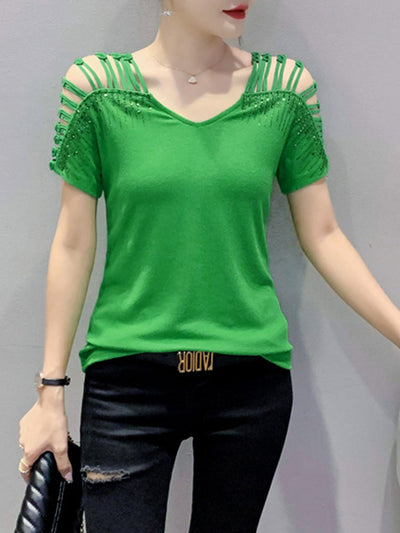 Loose Raglan Sleeve Hollow Rhine Stones Solid Color Split-Joint V-Neck T-Shirts Tops