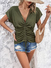 Loose Short Sleeves Backless Drawstring Pleated See-Through Solid Color Tied Deep V-Neck T-Shirts Tops