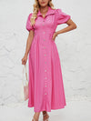 Loose Puff Sleeves Pleated Split-Joint Lapel Maxi Dresses Shirt Dress