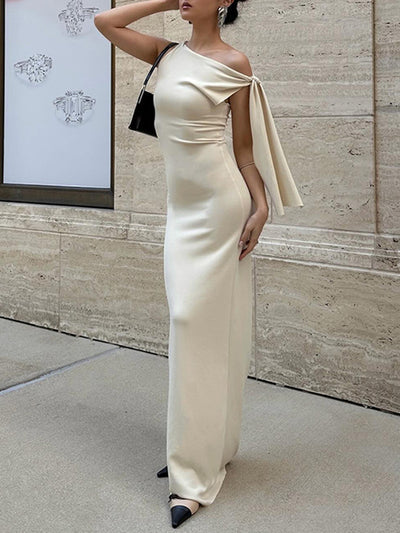 Skinny Sleeveless Asymmetric Solid Color Split-Joint Streamer One-Shoulder Evening Dresses Maxi Dresses