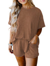 Half Sleeves Loose Solid Color Round-Neck T-Shirt Top + Pockets Shorts Bottom Two Pieces Set