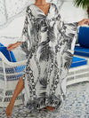 Batwing Sleeves Loose Printed Split-Joint Split-Side Sun Protection V-Neck Beach Cover-Up Maxi Dresses