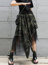 A-Line Loose Asymmetric Camouflage Elasticity Fringed Mesh Split-Joint Skirts Bottoms