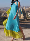 Loose Asymmetric Contrast Color Pleated Split-Joint Streamer One-Shoulder Evening Dresses Maxi Dresses