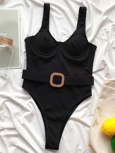 Solid Color Belted  One-Piece Swimwear