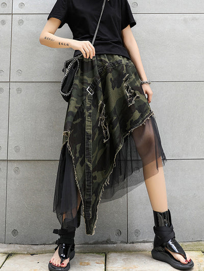 A-Line Loose Asymmetric Camouflage Elasticity Fringed Mesh Split-Joint Skirts Bottoms