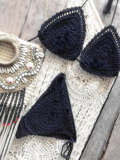 Crochet Solid Color Triangles Split Bikini Swimsuit