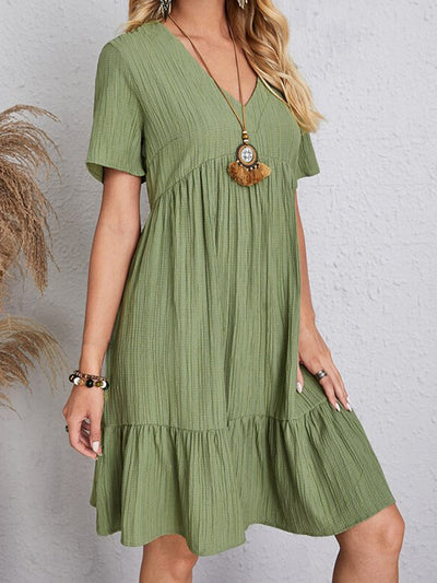 A-Line Loose Pleated Solid Color Split-Joint V-Neck Mini Dresses