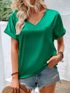 Loose Short Sleeves Pockets Solid Color V-Neck T-Shirts Tops