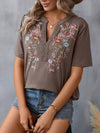 Half Sleeves Loose Embroidered Split-Joint V-Neck T-Shirts Tops